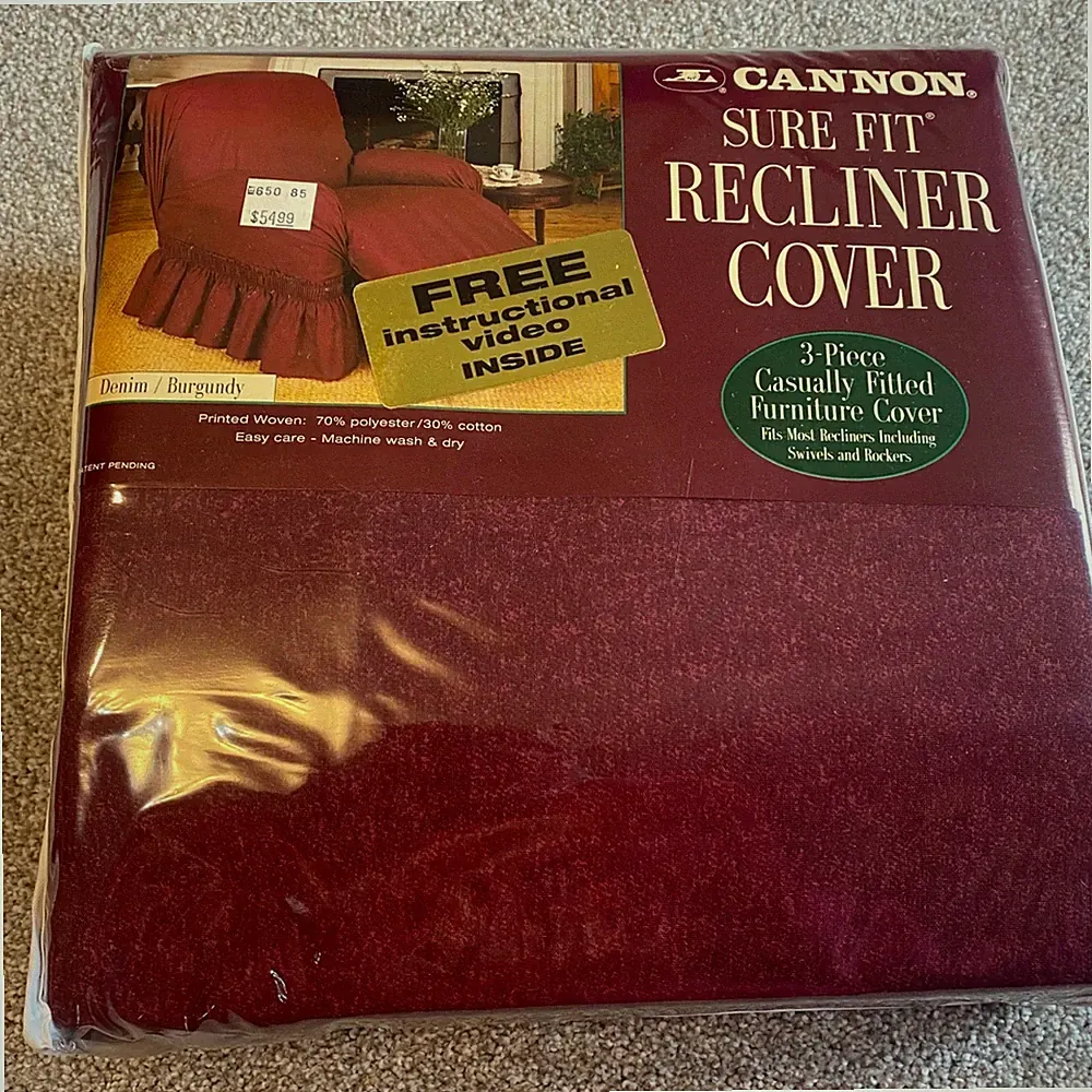 Cannon Sure Fit Recliner Cover 3 Piece Burgundy Denim Woven Slipcover USA Made