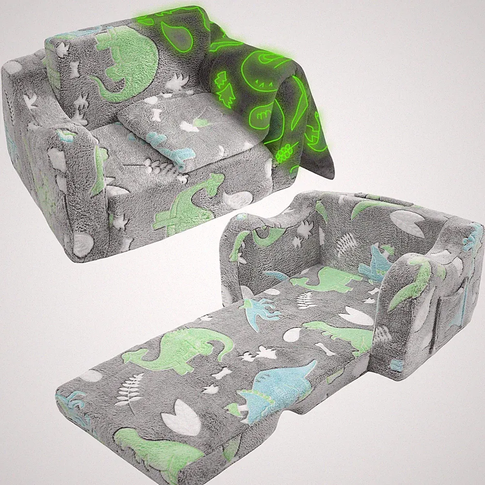 Dino Kids Couch 2in1 Fold Out Sofa Lounger with Glow Blanket for Playroom