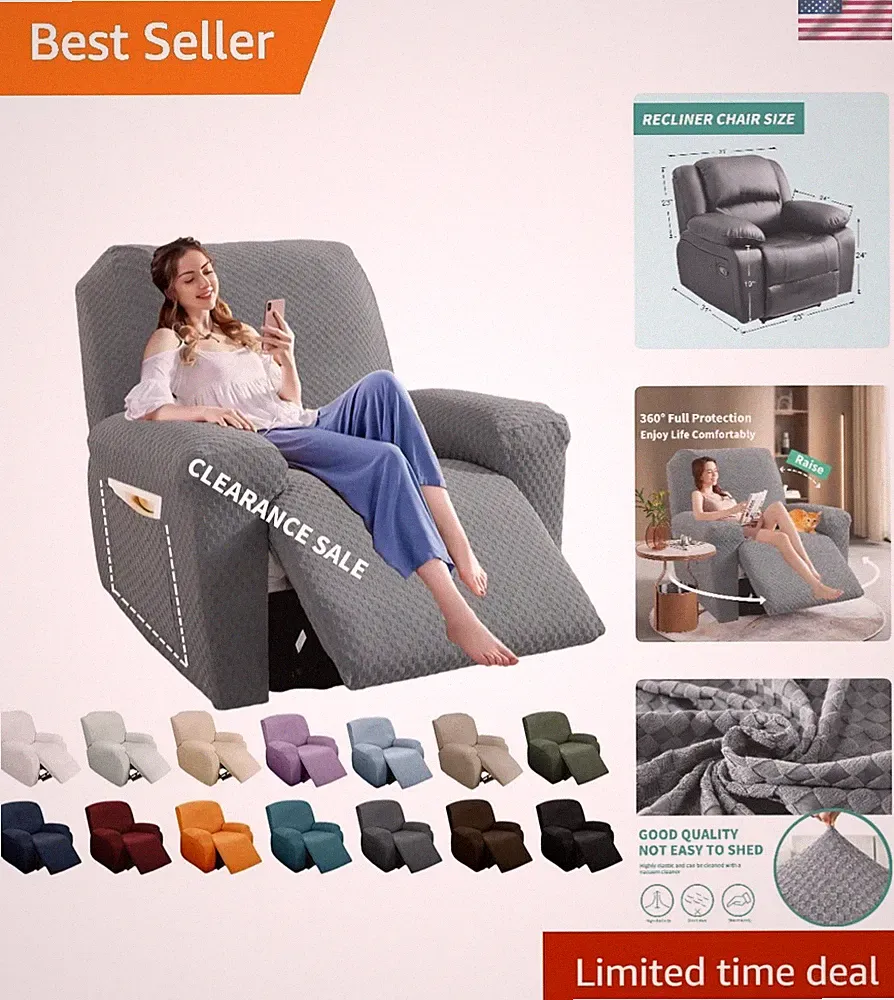 Durable Stretch Recliner Cover in Light Gray with Jacquard Pattern - 4-Piece Set