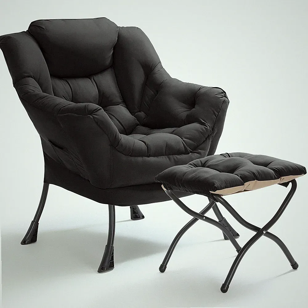 Lazy Chair with Folding Footrest & Side Pocket, Comfy Lounge Chair for Bedroom